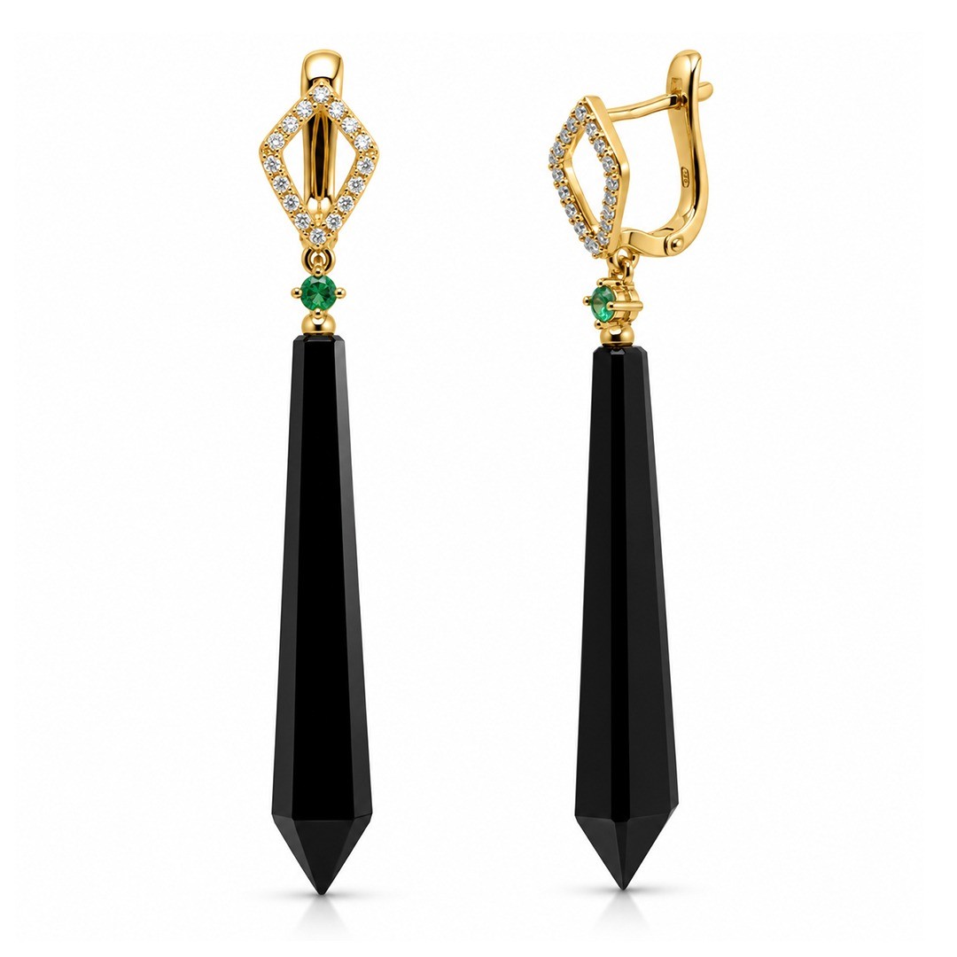 Cercei Aur Galben 18k, Onix 21.30 Ct , Diamante Naturale 0.30 Ct , Smaralde 0.10 Ct