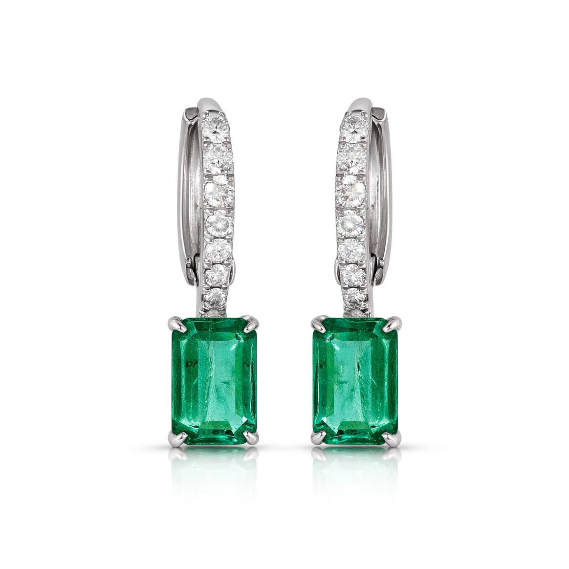 Cercei Aur Alb 14K, Smarald 2.00 Ct , Diamante Naturale 0.22 Ct
