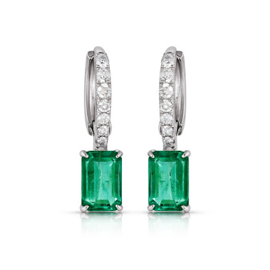 Cercei Aur Alb 14K, Smarald 2.00 Ct , Diamante Naturale 0.22 Ct