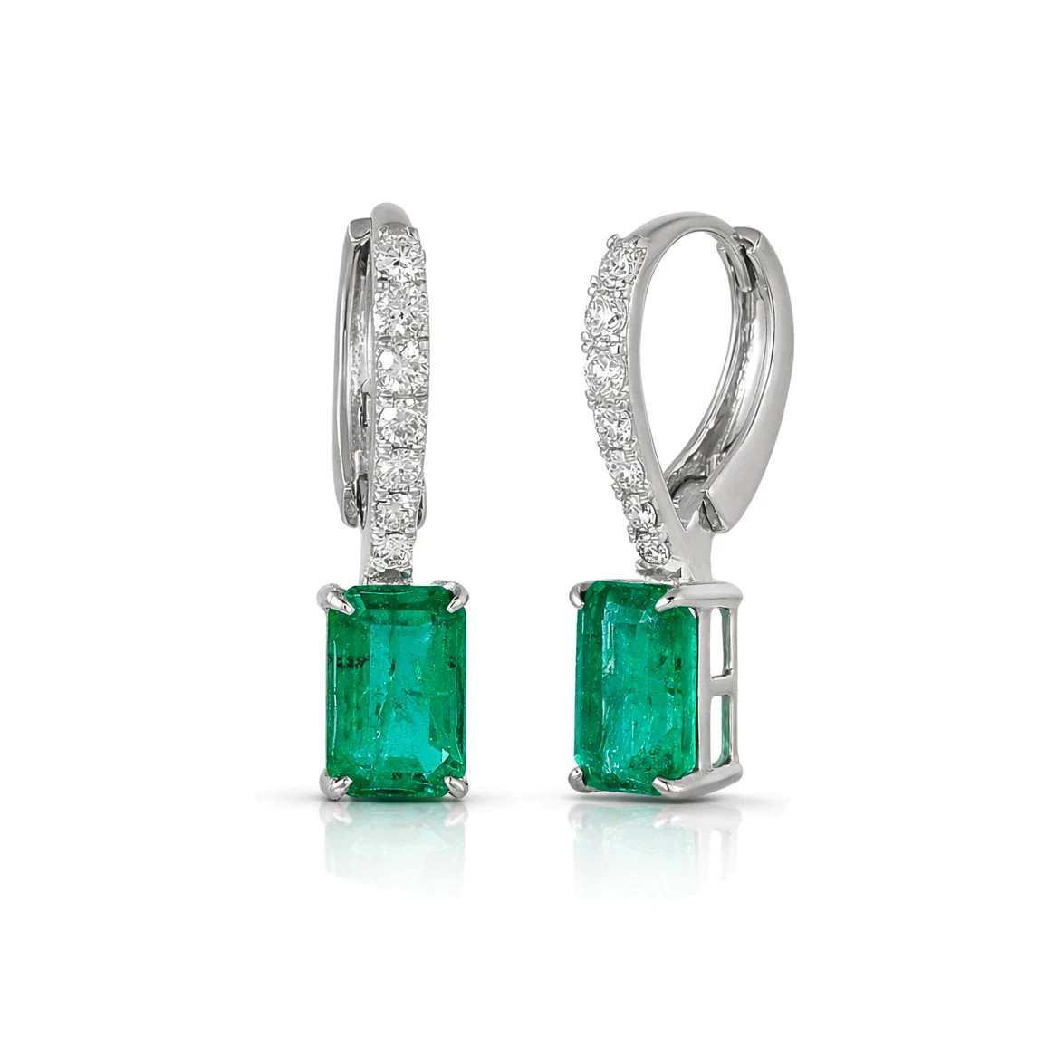 Cercei Aur Alb 14K, Smarald 2.00 Ct , Diamante Naturale 0.22 Ct