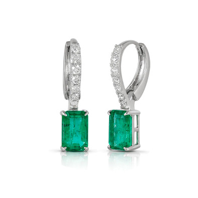 Cercei Aur Alb 14K, Smarald 2.00 Ct , Diamante Naturale 0.22 Ct