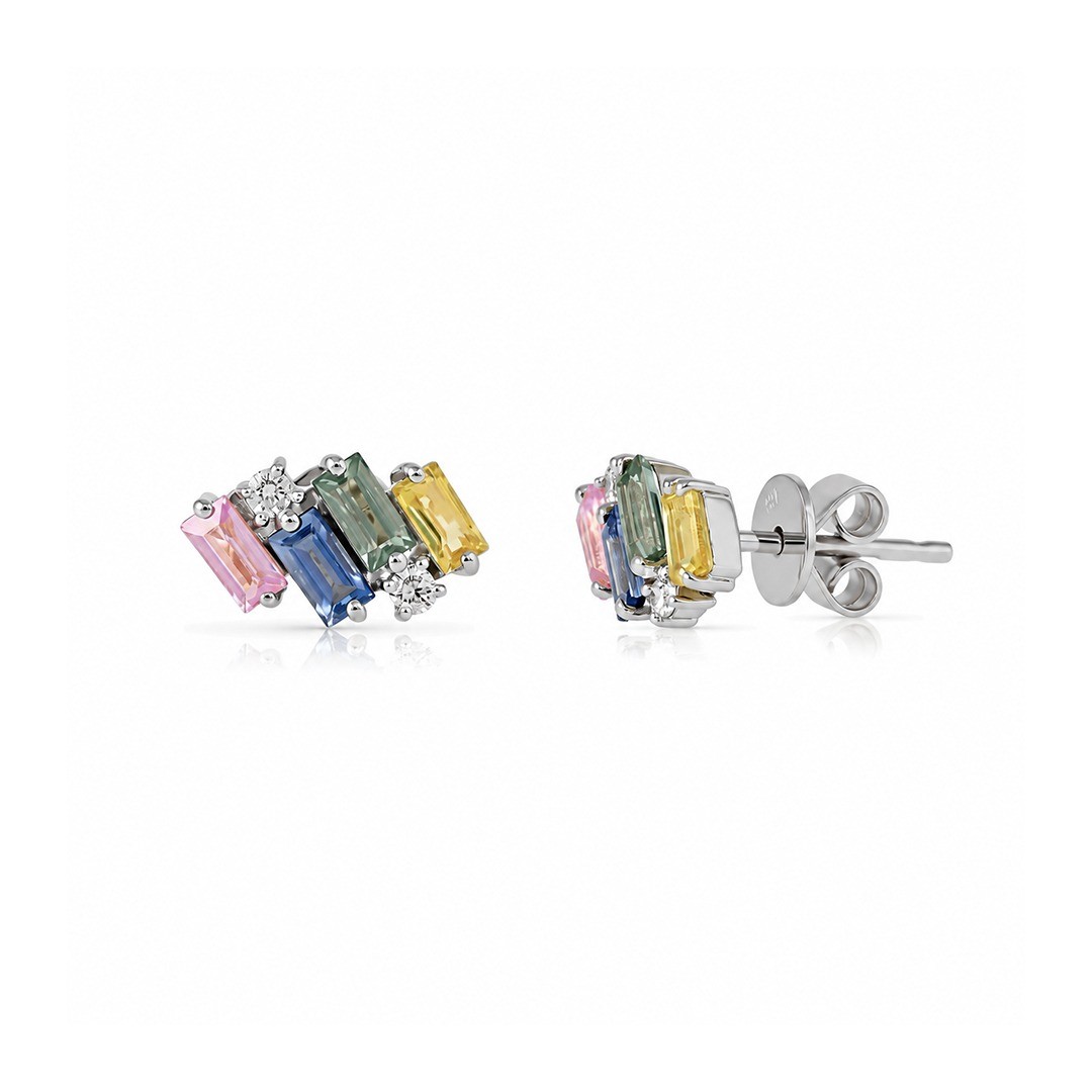 Cercei Aur Alb 18k, Safire Fancy 1.20 ct, Diamante Naturale 0.10 ct FG/VS-SI