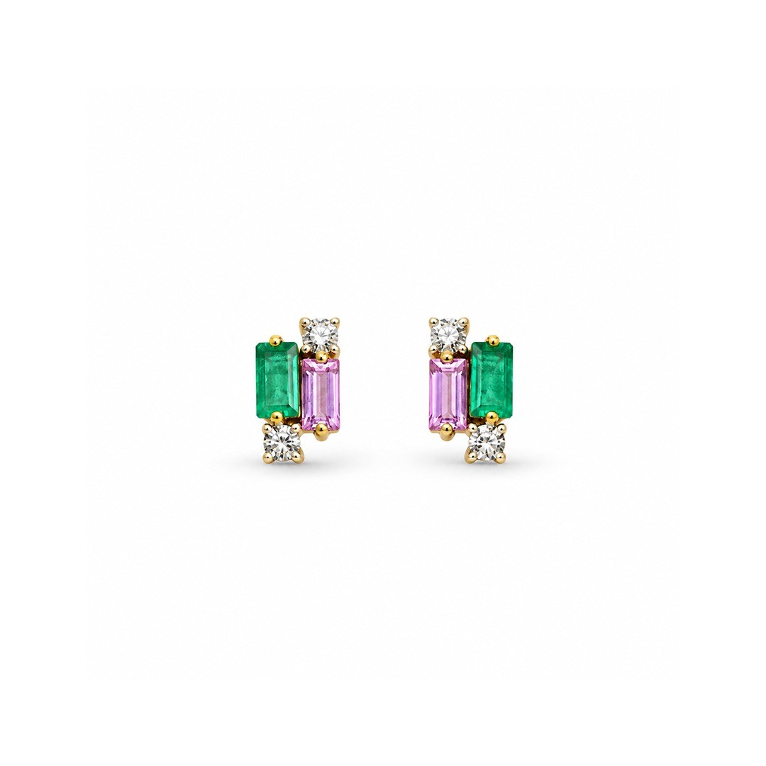 Cercei Aur Galben 14k, Smaralde 0.30 Ct , Safire 0.28 Ct , Diamante Naturale 0.09 Ct FG/VS-SI