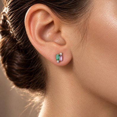 Cercei Aur Galben 14k, Smaralde 0.30 Ct , Safire 0.28 Ct , Diamante Naturale 0.09 Ct FG/VS-SI