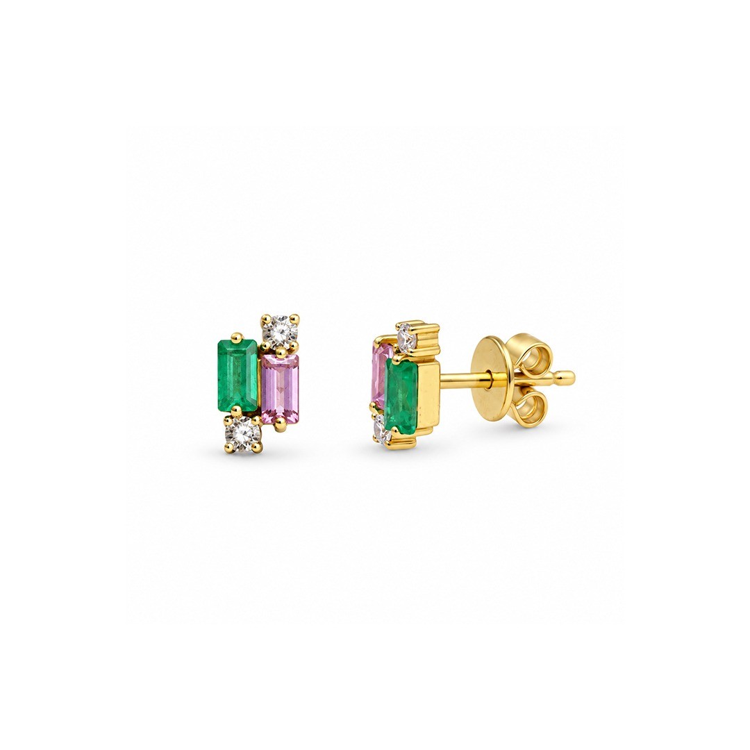 Cercei Aur Galben 14k, Smaralde 0.30 Ct , Safire 0.28 Ct , Diamante Naturale 0.09 Ct FG/VS-SI