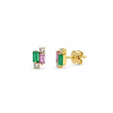 Cercei Aur Galben 14k, Smaralde 0.30 Ct , Safire 0.28 Ct , Diamante Naturale 0.09 Ct FG/VS-SI