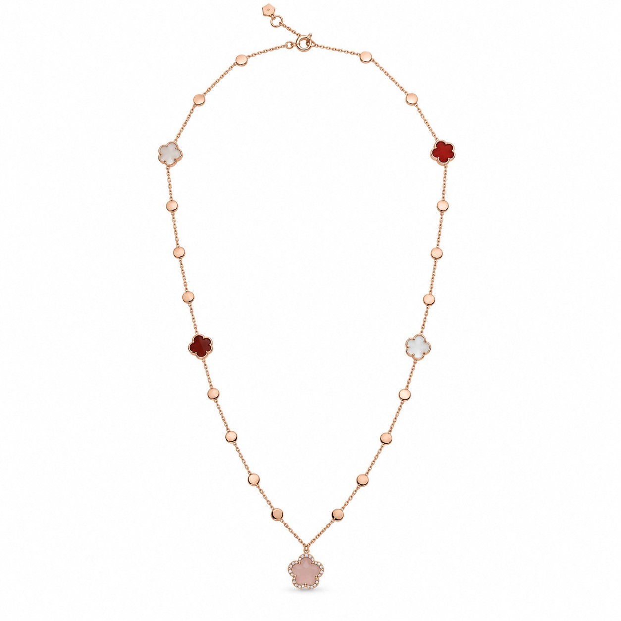 Colier Aur Roz 14k, Calcedonie 0.70 Ct , Carneol 0.80 Ct , Piatra Lunii 0.80 Ct , Cuart Alb 0.80 Ct , Granat 1.15 Ct , Diamante Naturale 0.06 Ct