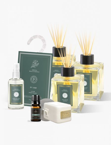 Combo Condomínio Completo - Arruda: 3Un Difusor 250ml com Sal + Perfume de Ambiente 60ml + Sachê 15g + Essência Concentrada + Difusor Elétrico