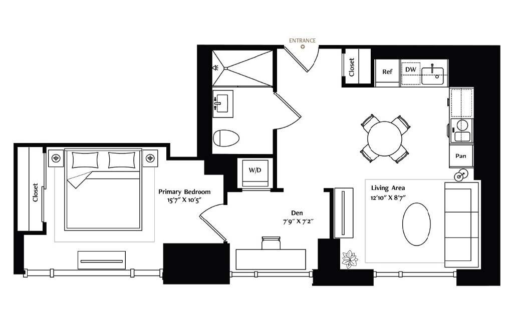 This lovely 1-bedroom corner unit features a full kitchen that is handsomely appointed with integrated Miele® appliances, Italian cabinetry with under-cabinet lighting, and Brazilian Taj Mahal quartzite countertops. The spa-like bath features a heated mosaic marble tile floor and a walk-in shower. The living area features wide-plank European oak flooring and a custom inset area rug, and the bedroom is spacious with a good-sized closet. A bonus space can accommodate a dining set or workstation.
