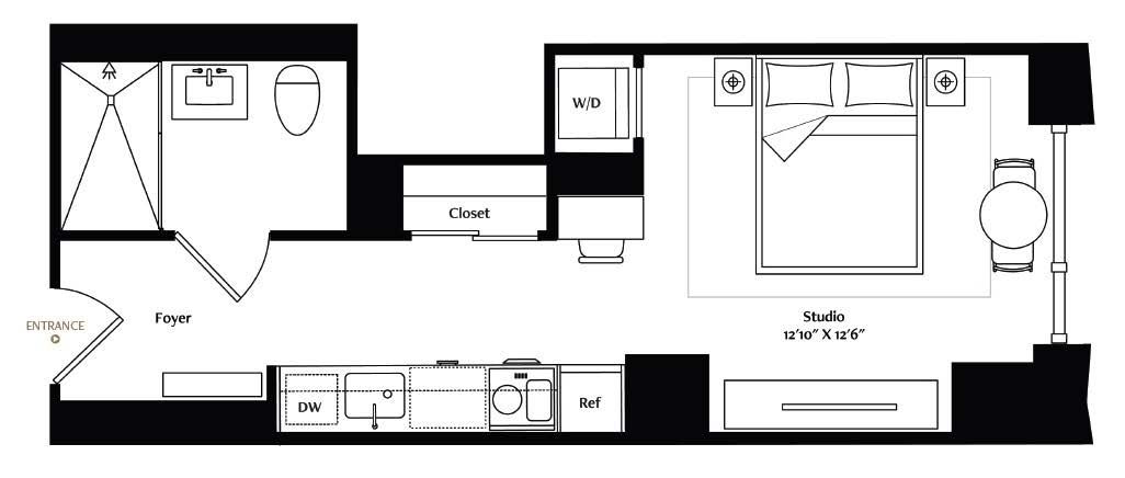 Conveniently located near the elevators, this studio unit features a larger living area with generous closet space and a wide-plank European oak floor with a custom inset area rug. The full-size galley kitchen has luxury Miele® appliances, including a washer and dryer. The full-size luxe bath features a heated mosaic marble tile floor, modern European full-height, porcelain-tiled walls, custom Italian vanity cabinetry, and a walk-in shower with grab bars.