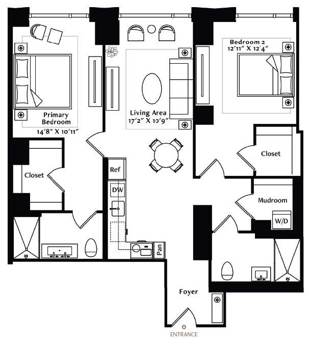 This 2-bedroom, 2-bath unit offers an easily navigable layout with an inviting entryway flowing into the full-size, L-shaped kitchen. The kitchen is equipped with luxurious Miele® appliances, Italian cabinetry, and an impressive amount of storage. Two spacious bedrooms each boast walk-in closets. The primary ensuite bath features a heated mosaic marble tile floor, modern European full-height, porcelain-tiled walls, and a large, stylish vanity. A Miele washer and dryer can be found in a large closet with shelving and a hanging rod for additional storage.