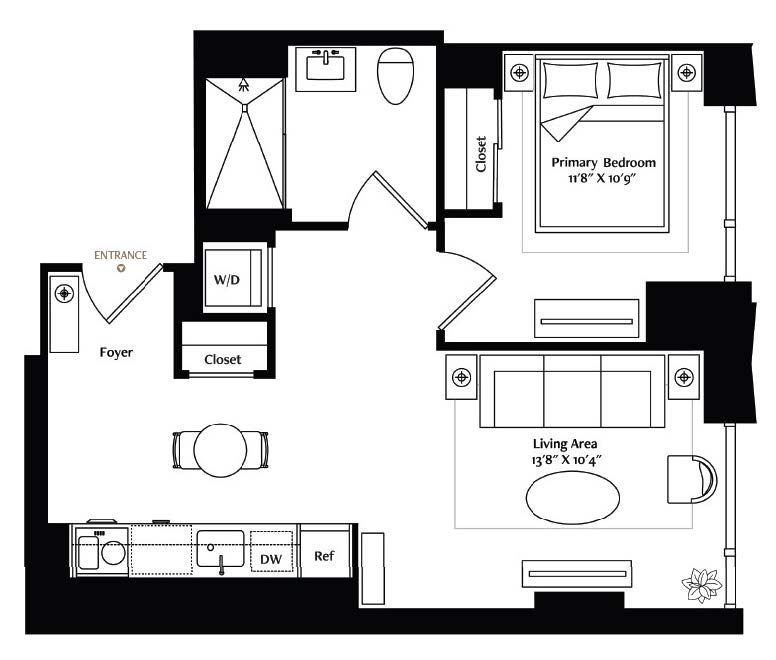This 1-bedroom corner unit boasts a fabulous full-size kitchen with Italian cabinetry and under-cabinet lighting, Brazilian Taj Mahal quartzite countertops, a full-height backsplash, and coveted Miele® appliances. The living area features wide-plank European oak flooring, a custom inset area rug, and nice double windows. The luxe bath is graciously appointed with a walk-in shower, heated mosaic marble tile floor, and modern full-height, porcelain-tiled walls.