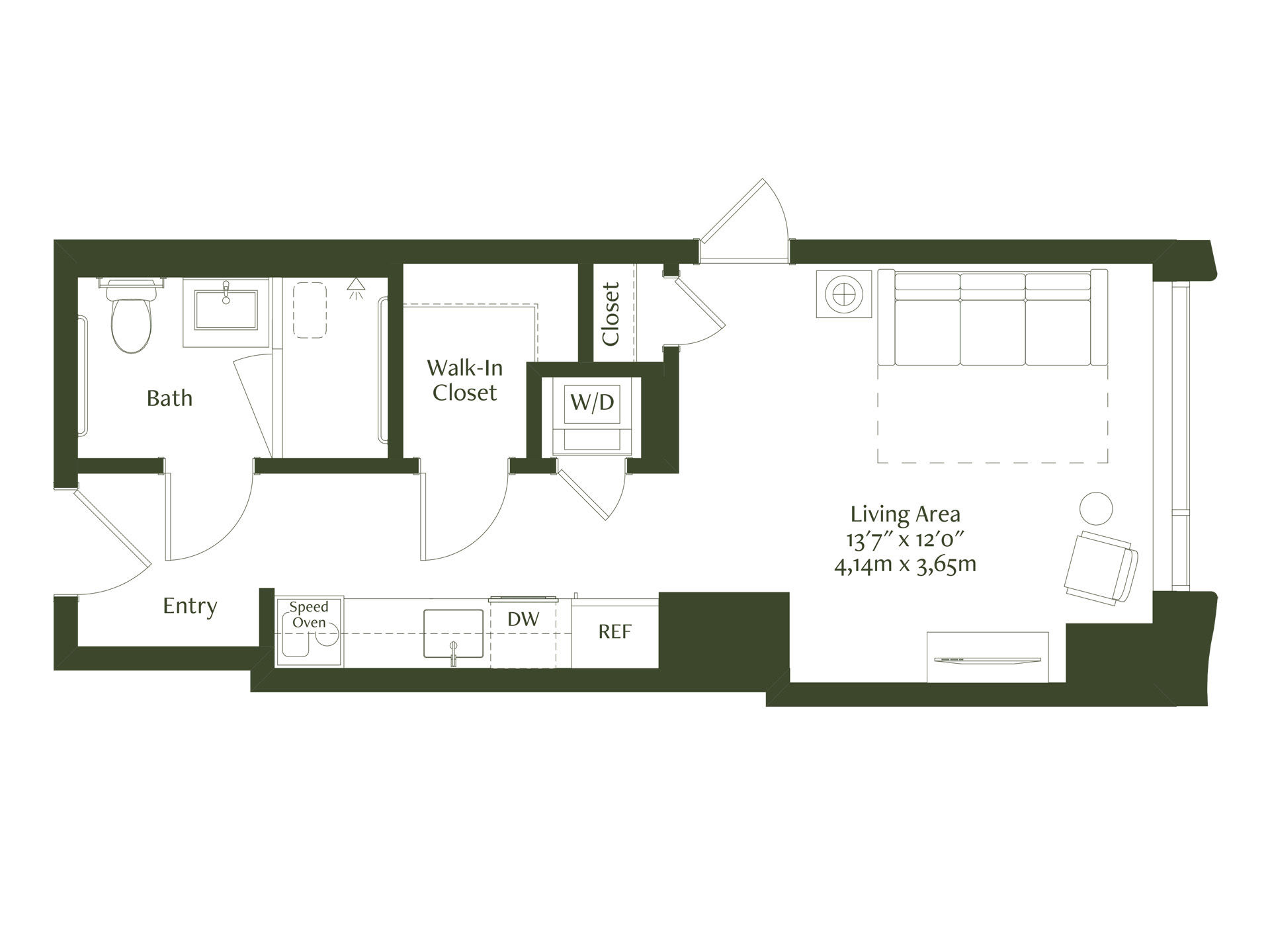 This studio is defined by a larger living area and generous closet space. This lavishly appointed residence also features wide-plank European oak floors and custom inset area rugs. A galley kitchen, spacious closet, and in-unit washer/dryer add an extra level of comfort and convenience.