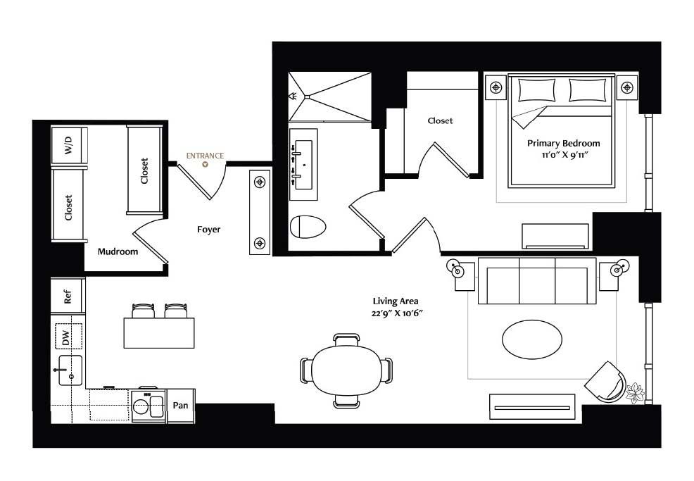 This sizeable 1-bedroom corner unit offers a convenient mudroom with washer and dryer near the entryway. The living area features a wide-plank European oak floor and custom inset area rug, illuminated by recessed, dimmer-controlled lighting. The full-size, L-shaped kitchen includes luxurious Miele® appliances, Italian cabinetry with under-cabinet lighting, and Brazilian Taj Mahal quartzite countertops. The spa-like bath features a heated mosaic marble tile floor and a walk-in shower.