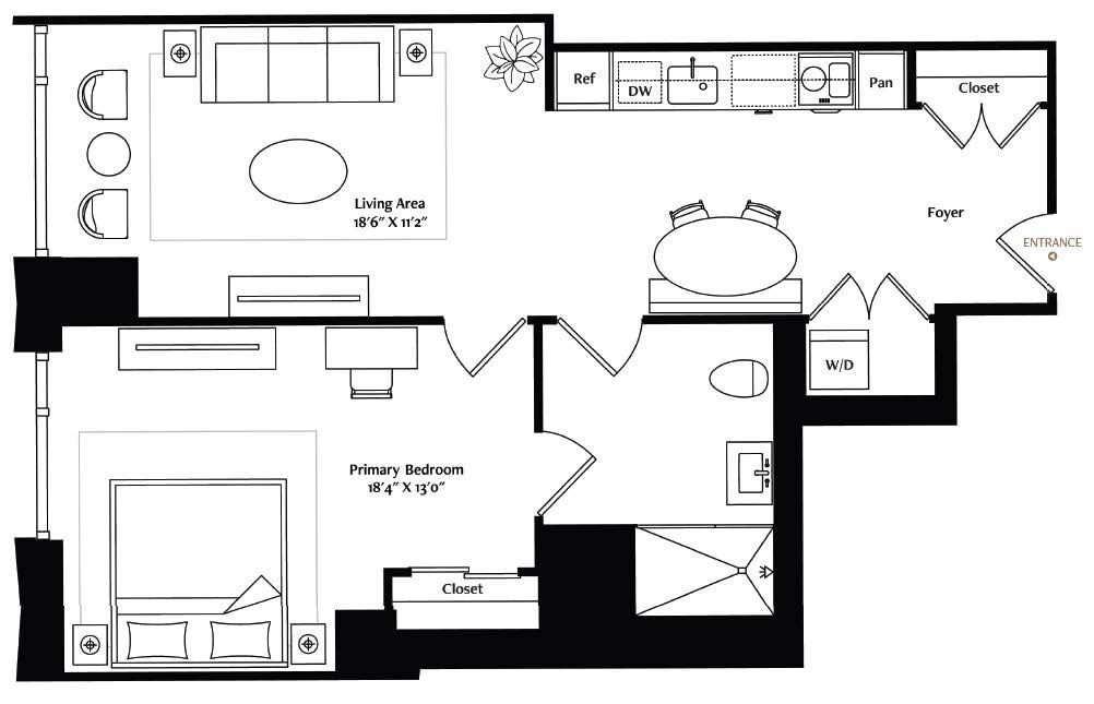 Natural light pours through floor-to-ceiling windows. Wide-plank oak floors abut custom inset area rugs. A spacious living area flows artfully to your private bedroom with walk-in closet. When lavish furnishing meets purposeful design, your residence makes a statement.