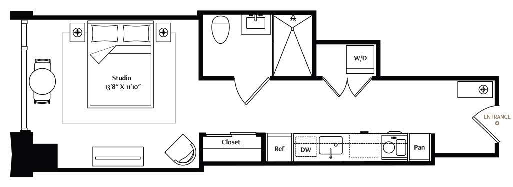An inviting space with a larger living area, this studio unit has premium closet space, wide-plank European oak floors with a custom inset area rug, and recessed, dimmer-controlled lighting. The galley kitchen features luxury integrated appliances and chic Italian cabinetry, along with a dedicated closet that houses a Miele® stacked washer and dryer.