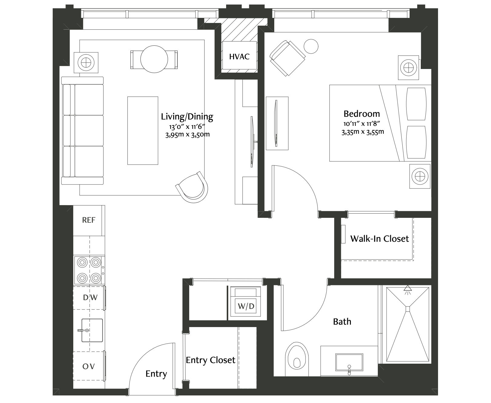 This stunning one-bedroom residence features floor-to-ceiling windows and a spacious porcelain-tiled bath with custom finishes. The open floor plan exudes modern luxury with a full-size gourmet kitchen, herringbone hardwood floors with inset carpet, and custom TV wall millwork. Designed purposefully for the Coterie resident, the expansive bedroom also features a decorative light fixture and a customizable walk-in closet with an integrated wall safe.