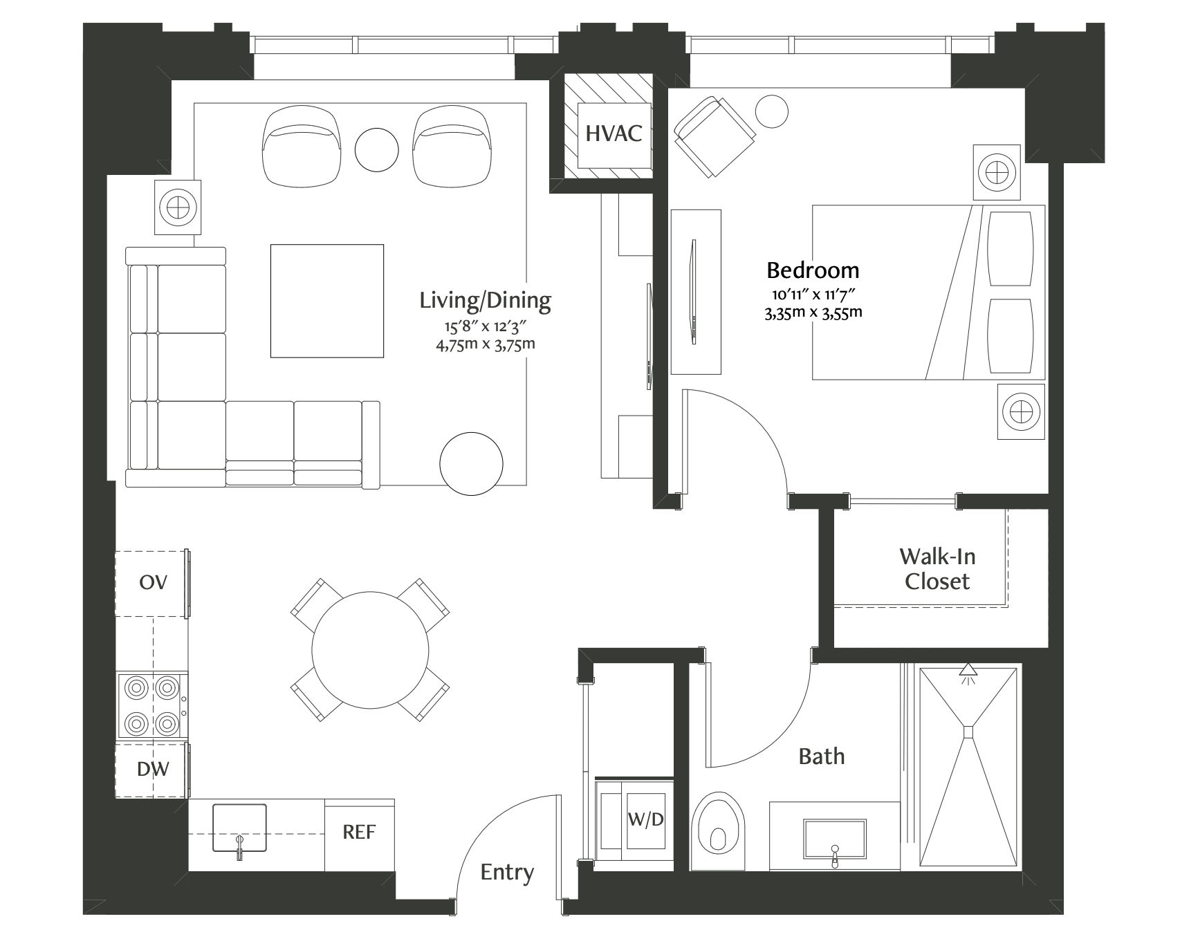 This gorgeous one-bedroom residence features floor-to-ceiling windows that frame expansive city views and a spacious porcelain-tiled bath with custom finishes. The open floor plan exudes modern luxury with a large gourmet eat-in kitchen, herringbone hardwood floors with inset carpet, and custom TV wall millwork. Designed purposefully for the Coterie resident, the expansive bedroom also features a decorative light fixture and a customizable walk-in closet with an integrated wall safe.