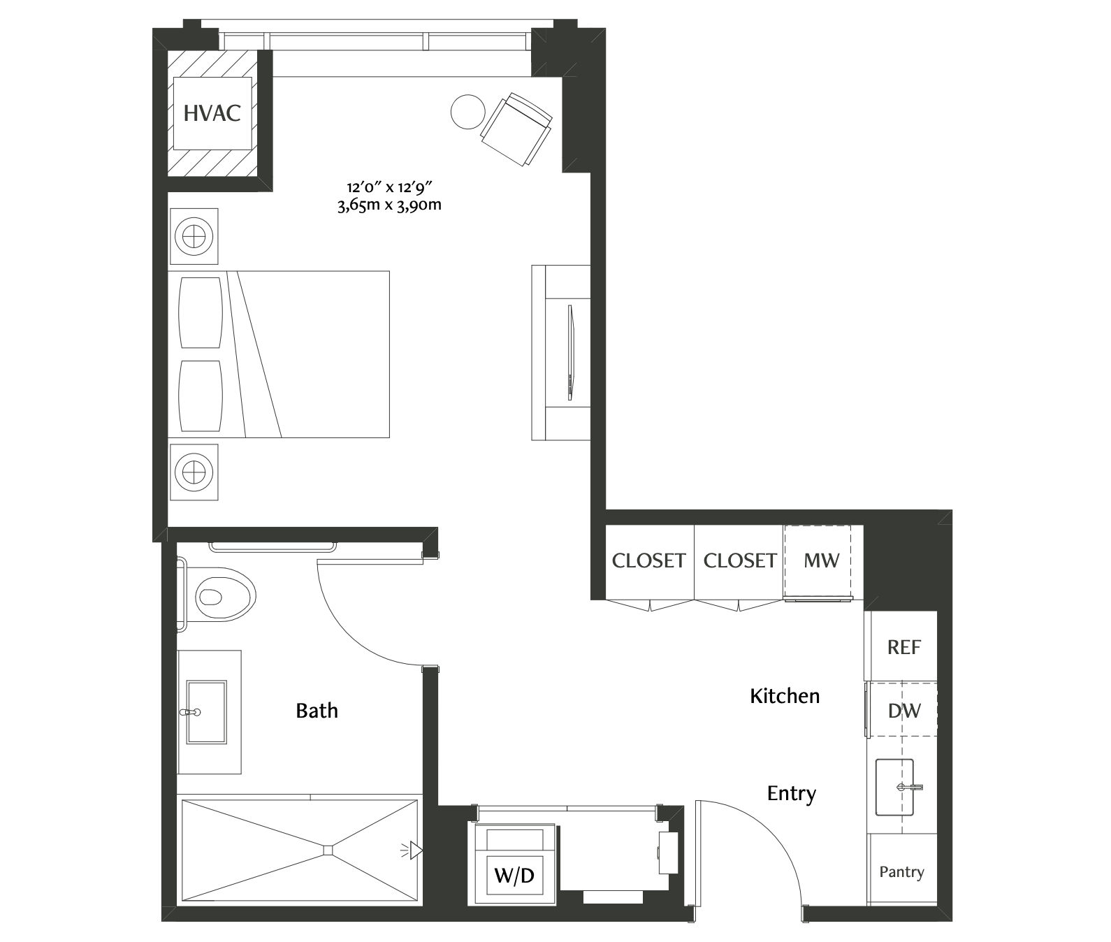 This beautifully appointed studio residence has prime elevator access and features floor-to-ceiling windows with motorized shades and south-facing city views. Everything from the full-size, separate kitchen to the luxe porcelain-tiled bath with custom finishes has been expertly designed for maximum space, style, and comfort.