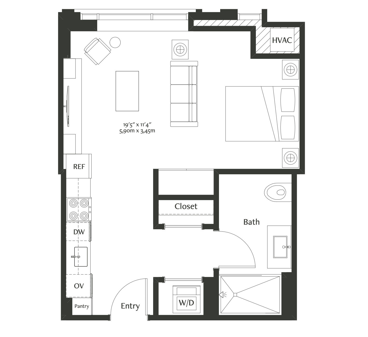 This beautifully appointed studio residence features floor-to-ceiling windows with motorized shades and north-facing views. Everything from the full-size kitchen to the luxe porcelain-tiled bath with custom finishes has been expertly designed for maximum space, style, and comfort.