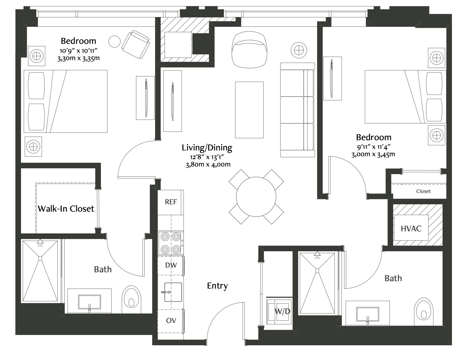This impressive two-bedroom residence features floor-to-ceiling windows that frame east-facing city views. The spacious primary bath features a double vanity, walk-in shower, large format porcelain tile, and custom finishes. The open floor plan exudes modern luxury with herringbone hardwood floors with inset carpet. The full-size, gourmet kitchen features a Miele® appliance package with integrated paneling and full-height Cambria® quartz backsplash. The expansive primary bedroom also features a decorative light fixture and a customizable walk-in closet with an integrated wall safe.
