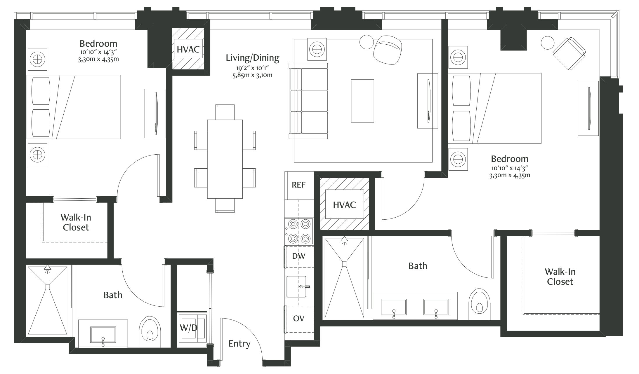 This impressive two-bedroom corner residence features floor-to-ceiling windows with automated shades. The spacious primary bath features a double vanity, walk-in shower, large format porcelain tile, and custom finishes. The open floor plan exudes modern luxury with herringbone hardwood floors with inset carpet. The full-size, gourmet kitchen features a Miele® appliance package with integrated paneling and full-height Cambria® quartz backsplash. The expansive primary bedroom also features a decorative light fixture and a customizable walk-in closet with an integrated wall safe.   
