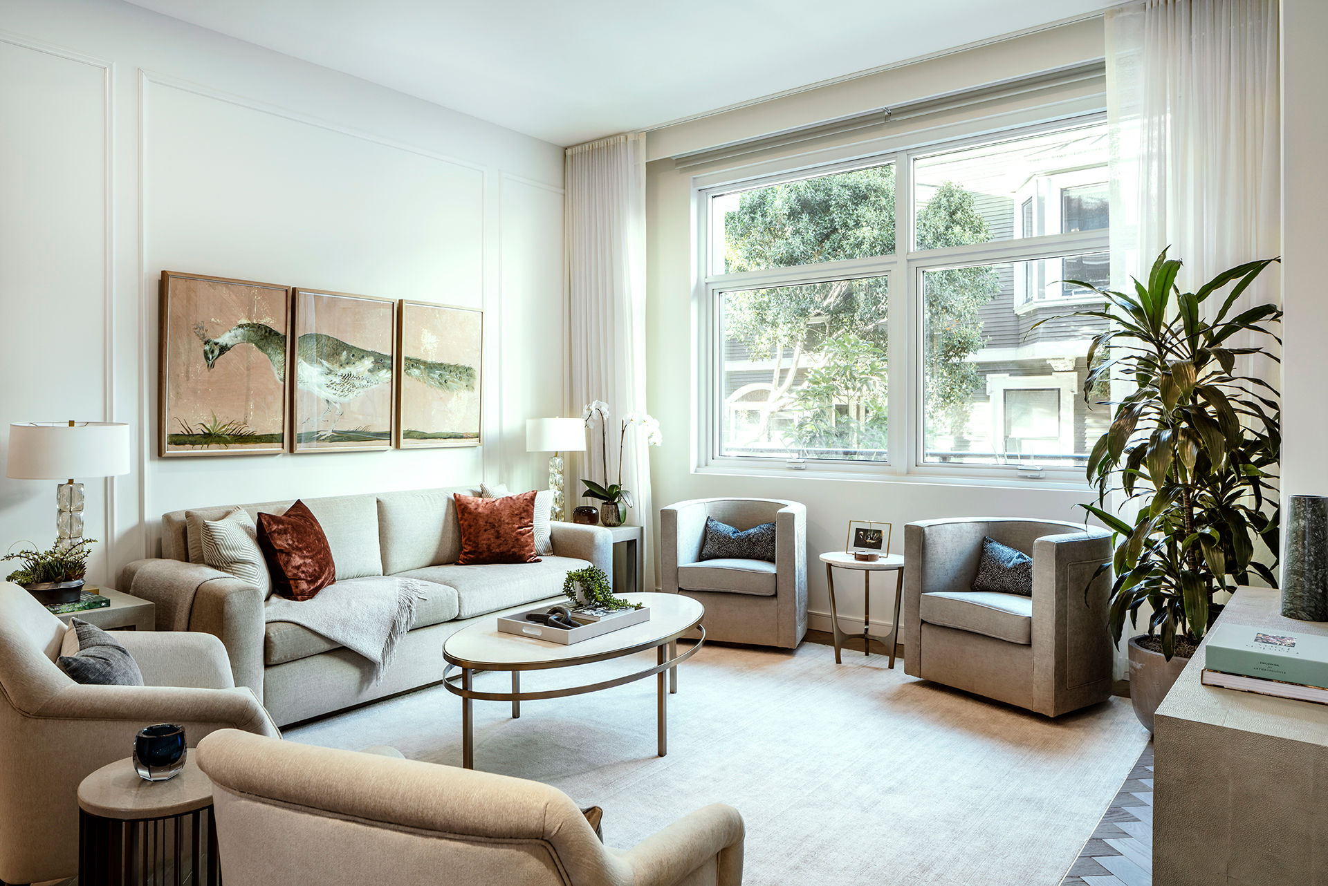 Cathedral Hill living room with couch and four chairs for conversational seating.