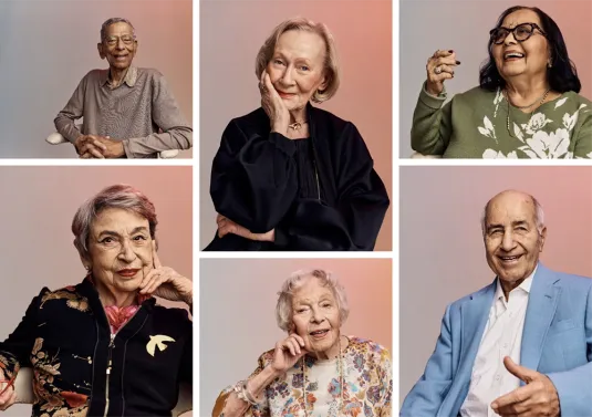 A collage of six older individuals, each smiling or thoughtfully posing against a neutral background.