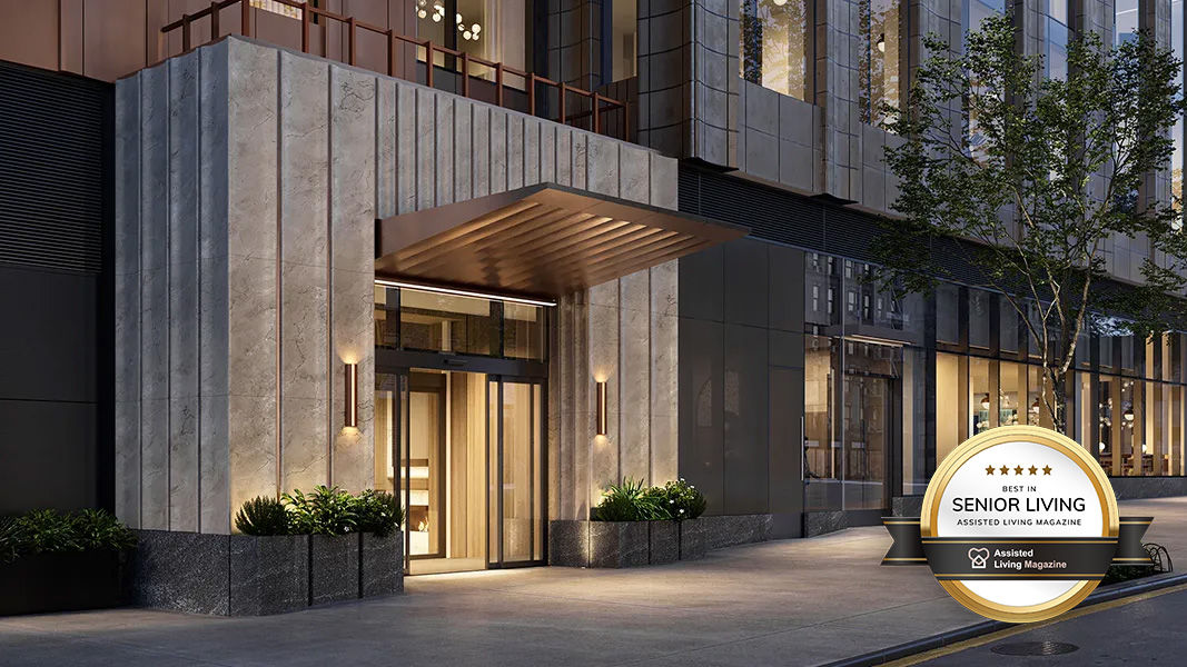 Exterior image of Coterie Hudson Yards entrance with best of senior living AL Magazine badge.