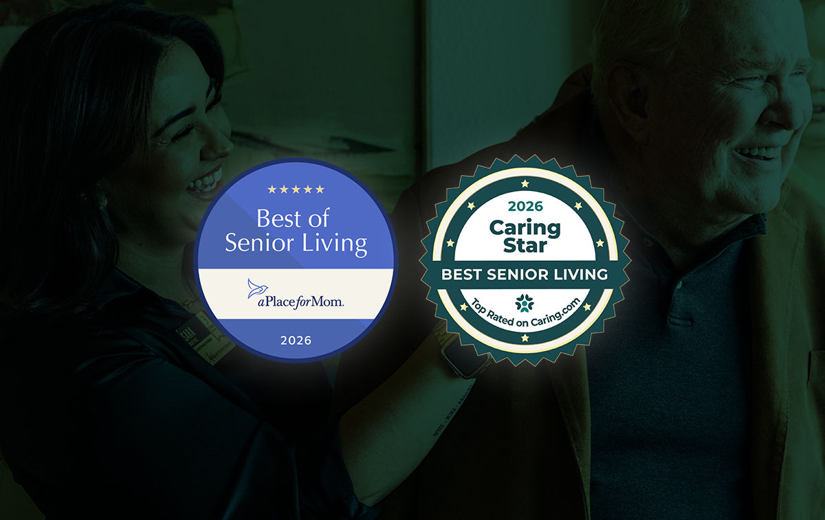 Two badges for "Best of Senior Living 2026" and "2026 Caring Star," with a smiling woman helping an elderly man in the background.