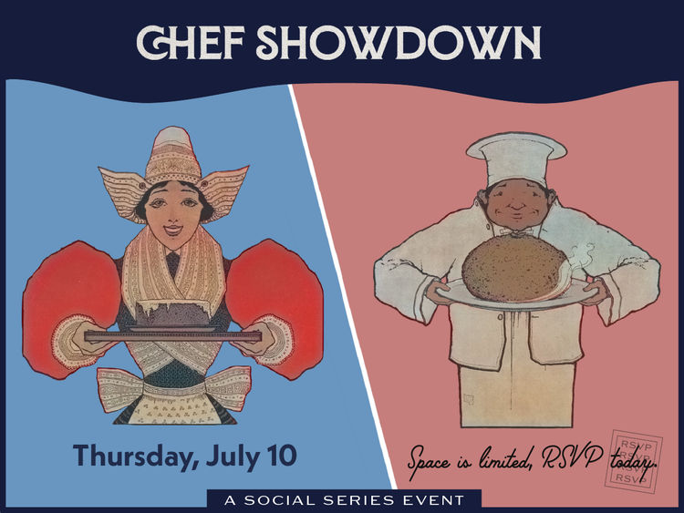 Vintage-style poster for "Chef Showdown" on Thursday, July 10. Features two chefs and RSVP details.