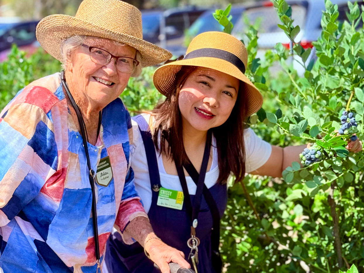 Two women in straw hats smile while picking blueberries in a sunny garden. They wear name tags and are surrounded by lush green foliage.