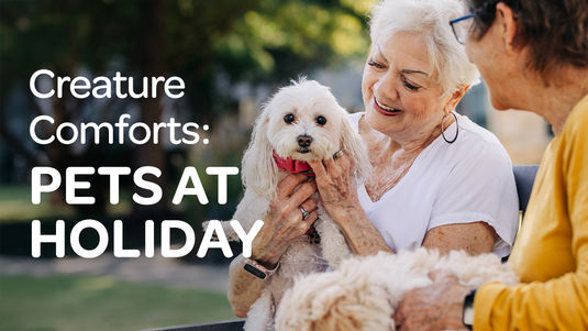 senior woman admiring dog in her lap with overlay text that reads "creature comforts: pets at holiday"