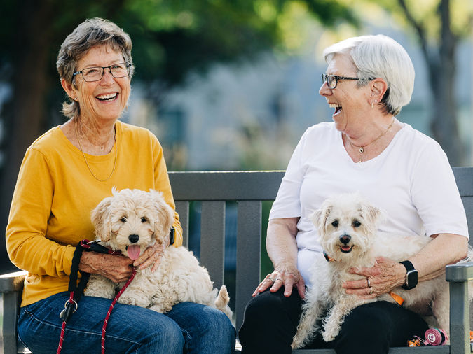 Two smiling women sit on a bench with small, fluffy dogs on their laps, surrounded by greenery.