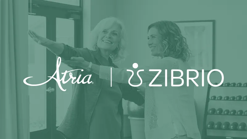 A healthcare worker advises an older woman with stretching, with a teal overlay and the logos for Atria and Zibrio.