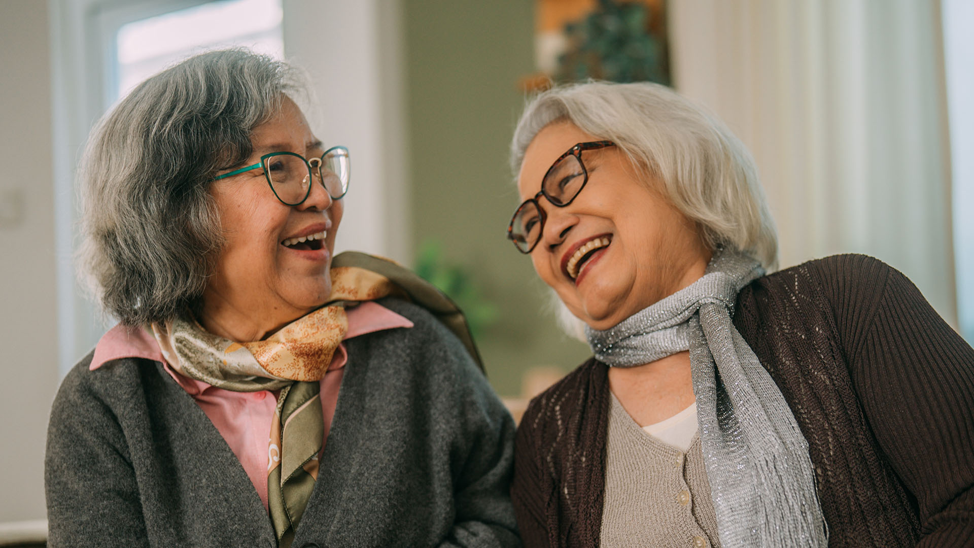 Two Asian seniors laughing together. Both wearing silk scarves, glasses and gray hair.