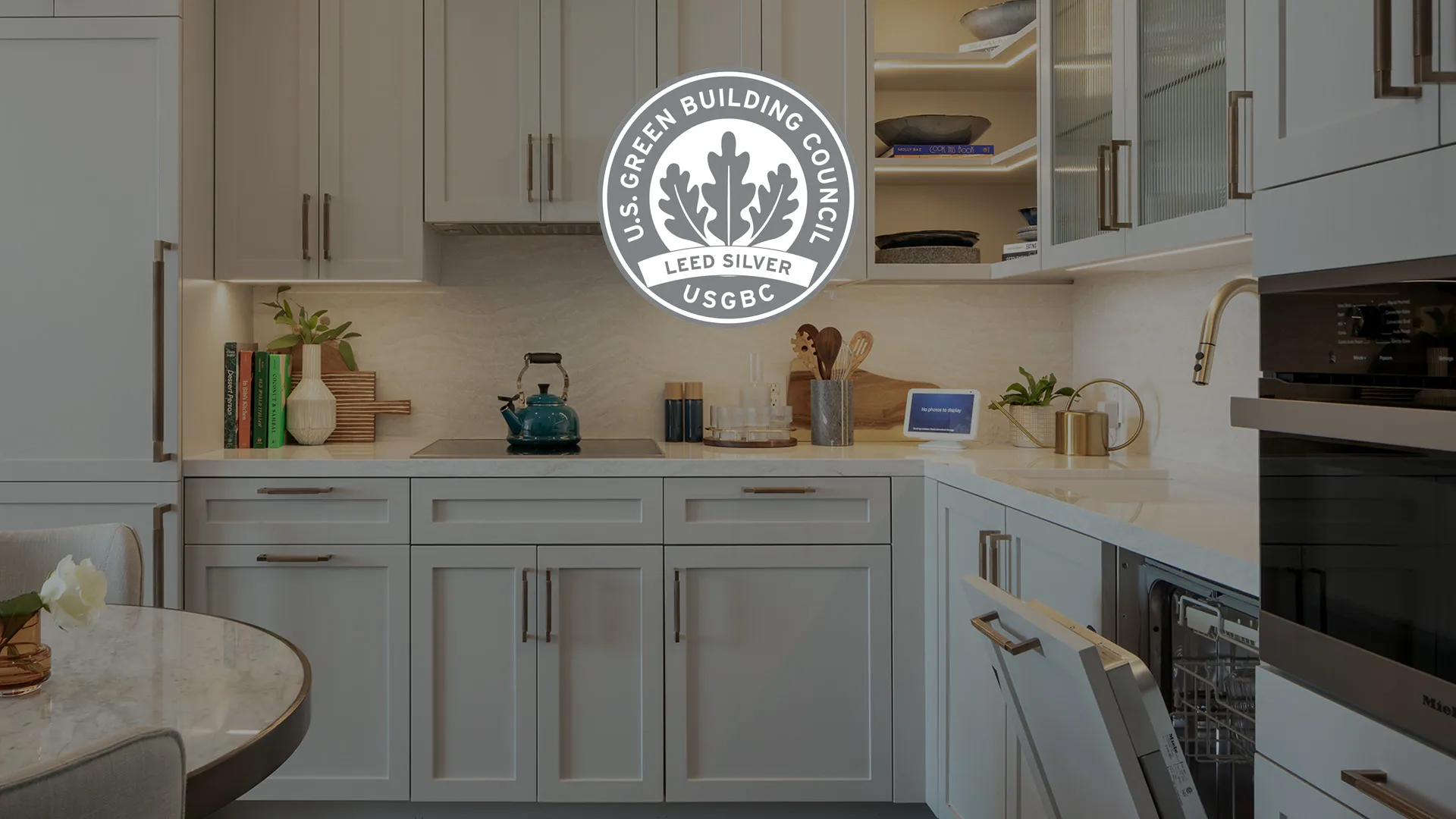 Coterie Cathedral Hill apartment Kitechen with Leed Certification badge at the top