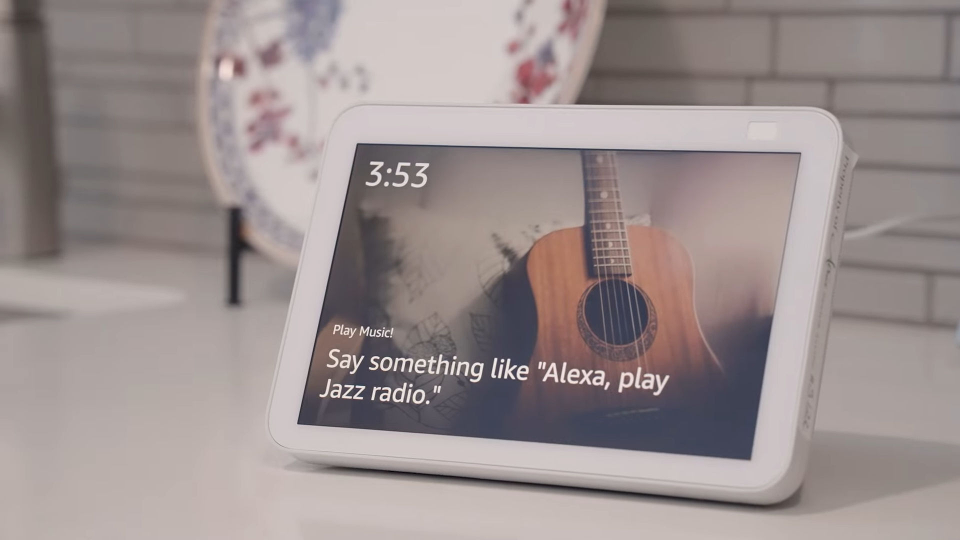 Amazon Echo Show sitting on kitchen counter.