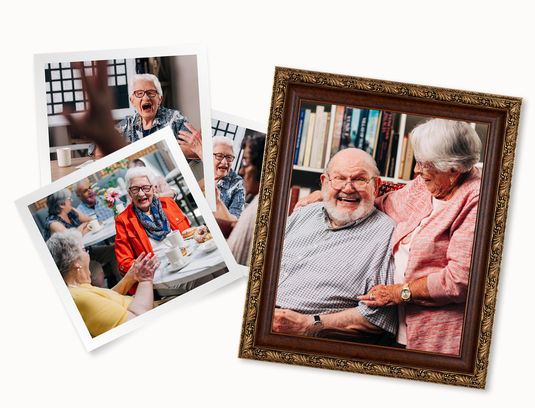 Collage of smiling older people enjoying social moments, including a framed photo of a couple and candid shots of friends at a table.