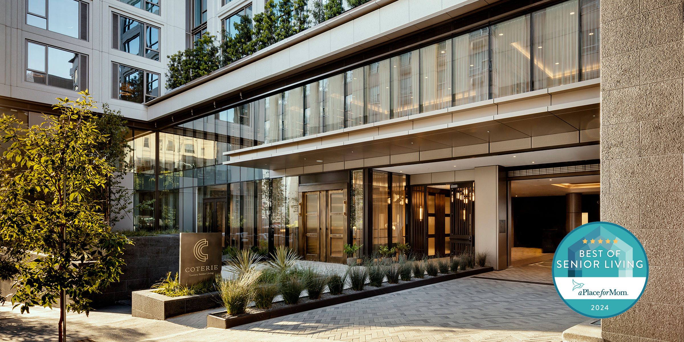 Exterior view of Coterie Cathedral Hill with A Place for Mom's 2024 Best of Senior Living badge overlayed