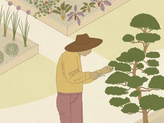 illustration of farmer trimming plants