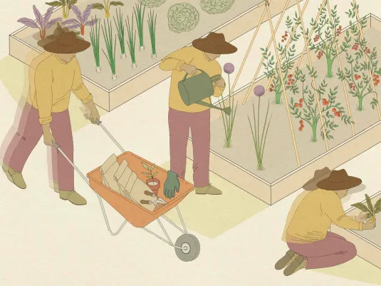 illustration of three people gardening together
