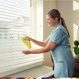 Housekeeper dusting window shades