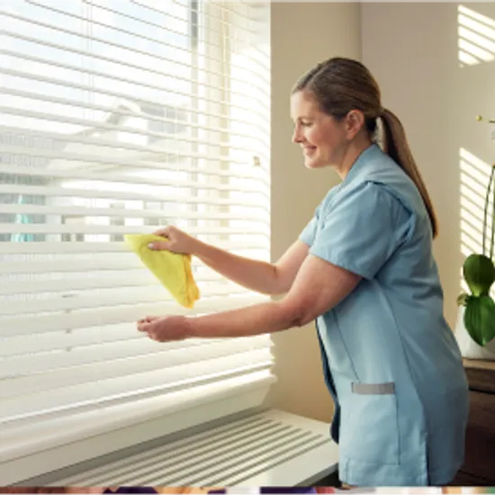 Housekeeper dusting window shades