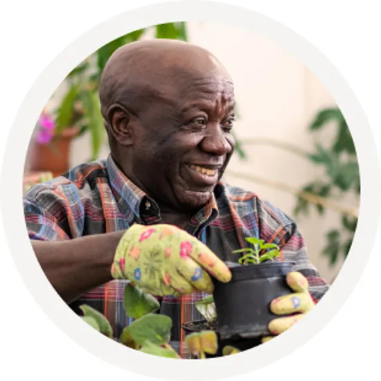 Older man repotting plants