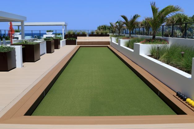 Rooftop bocce ball court at Coterie Cathedral Hill.