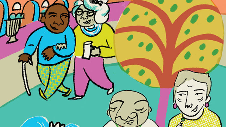 Cartoon of seniors in a park with a tree, some sitting and some walking, against a colorful background.