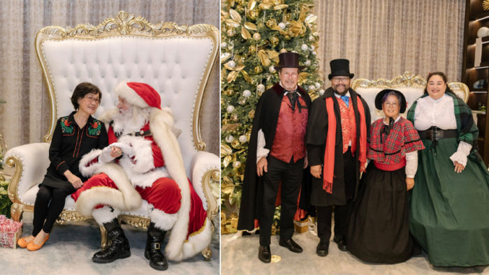 Coterie residents with Santa and carolers in Victorian garb