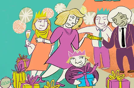 Festive scene with colorful cartoon people wearing crowns, holding gifts, and celebrating with decorated backgrounds and wrapped presents.