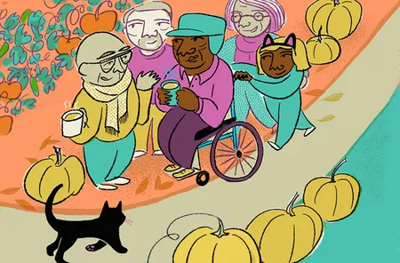 A group of cheerful people, including one in a wheelchair, enjoying a walk in a pumpkin-filled park with a black cat.